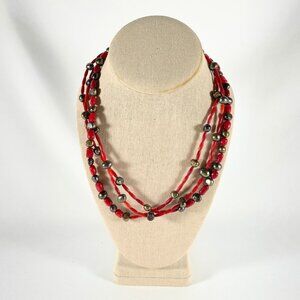 DRT, RED CORAL & HEMATITE 3 STRAND 18” NECKLACE W/STERLING SILVER FINDINGS